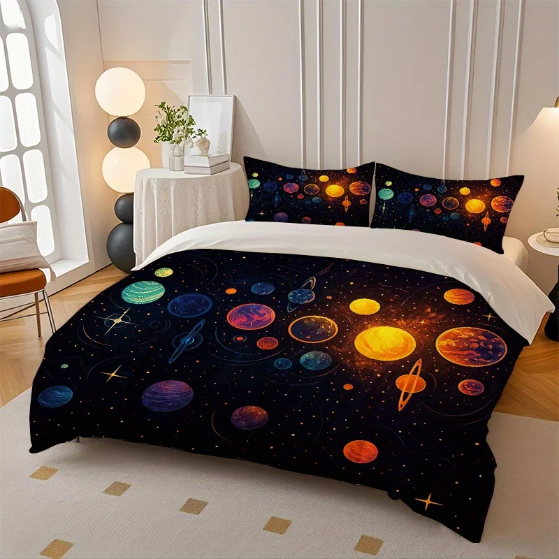Duvet Cover Set with a vast universe, galaxy, and planet print pattern, includes a duvet cover and pillowcases. Bedroom bedding, decorative, machine washable, made of polyester fiber