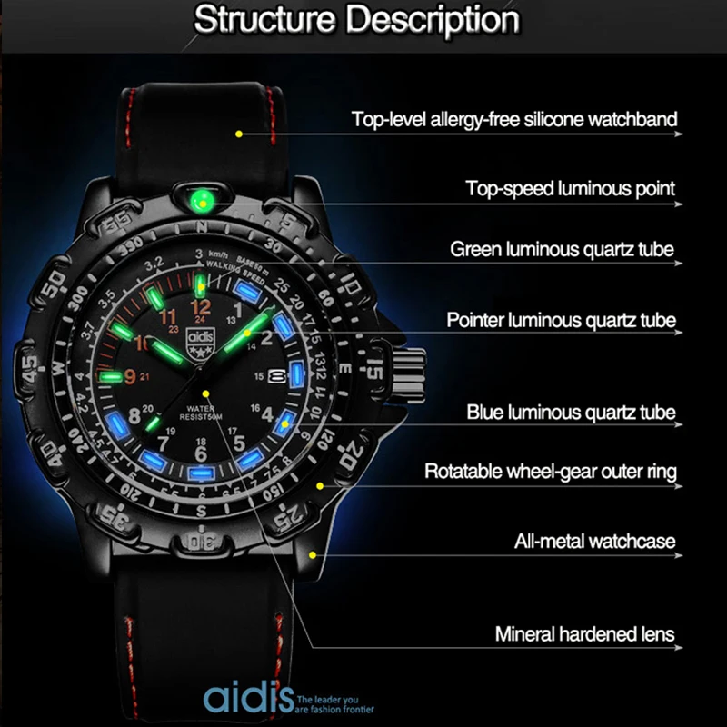 ADDIES Men\'s Waterproof Military Quartz Watch Luminous Chronograph Watch high quality Silicagel Strap Luminous Diving Men Watch