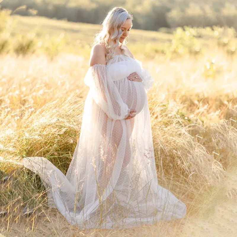 See Through Dot Tulle Maternity Photo Shooting Long Dress Off-the Shoulder Tulle Long Dress For Pregnant Woman Photography Props