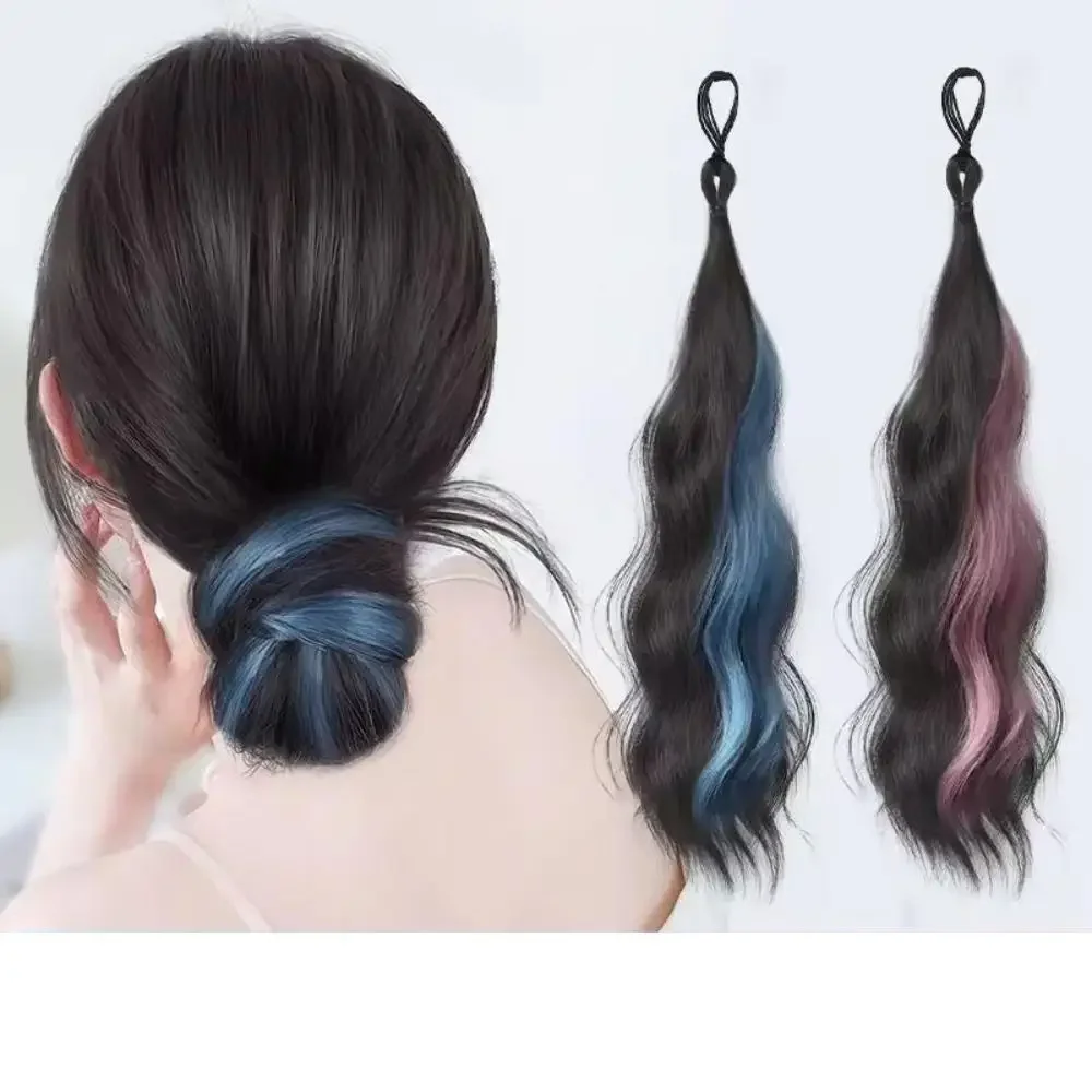 Wig sintetis wanita warna-warni Y2k ekstensi ekor kuda, Wig sintetis kepala bola berlikuk sendiri, artefak rambut kuncup Bun