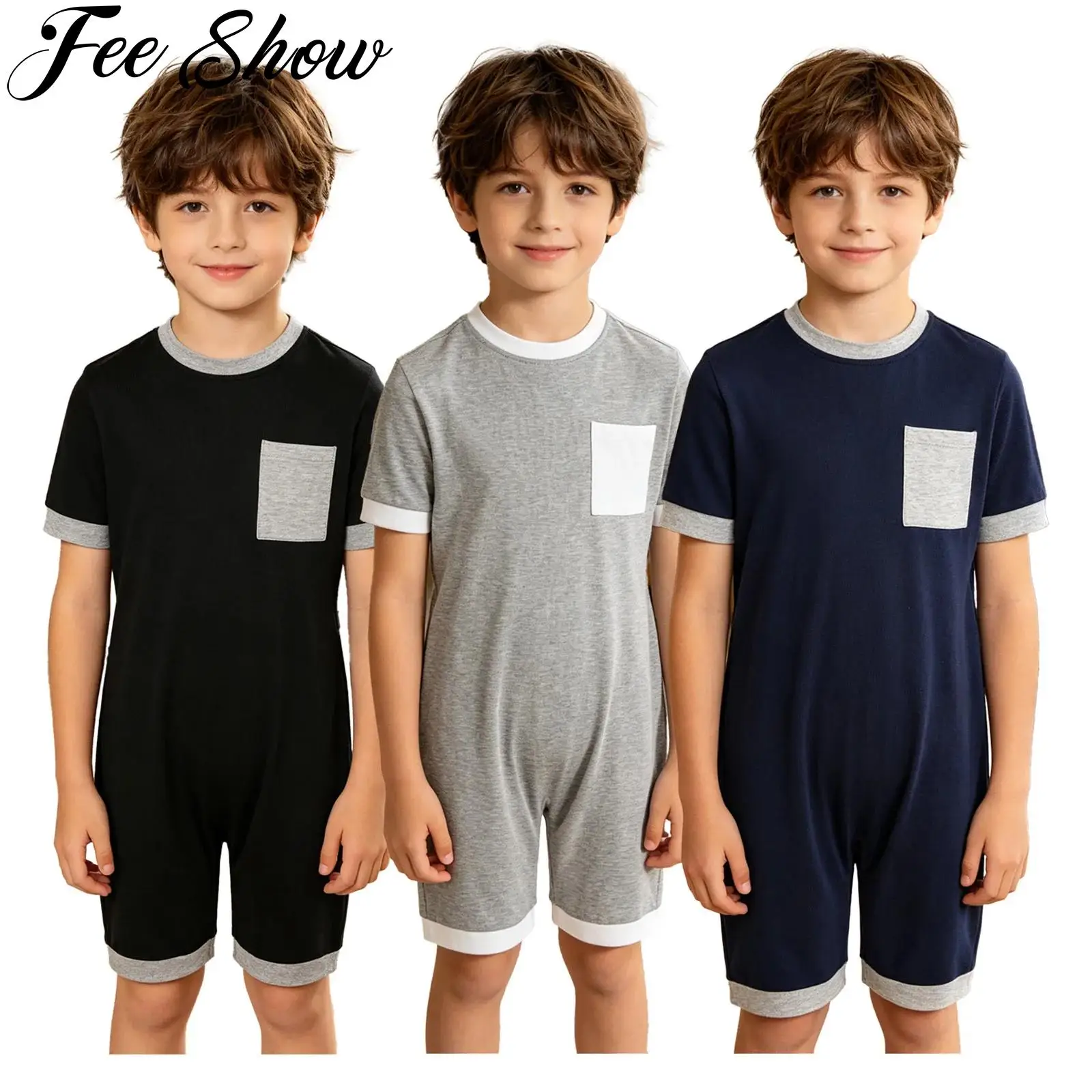 Kids Boys Girls Autism Special Needs Adaptive Clothing Anti-strip Back Zipper Romper Short Sleeve Jumpsuit with Pocket Sleepwear