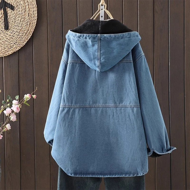 대형 사이즈 루즈하고 푹신한 두꺼운 데님 셔츠 재킷 여성용 따뜻한 탑 좋은 품질의 후드 청바지 코트 w1368