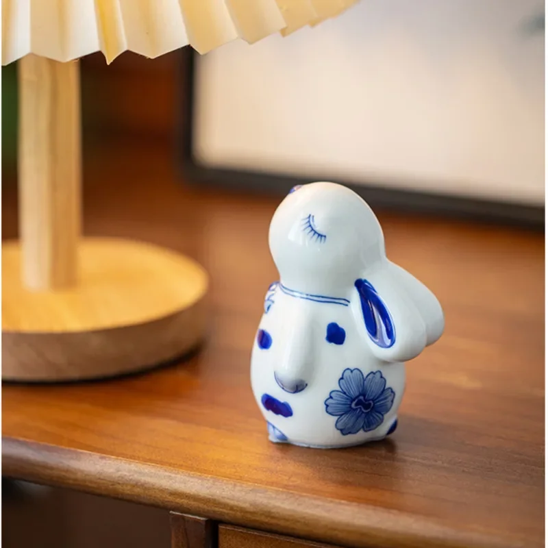 

Modern Cute Micro Model Blue White Porcelain Rabbit Home Decor TV Cabinet Small Armaments Office Desk Display Decorative Craft