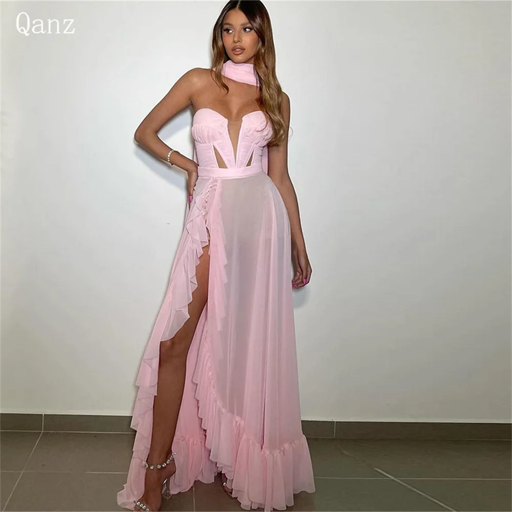 Qanz Sexy Pink Prom Dress Sweetheart Chiffon High Slit Ruffles Party Dresses Lace Up Back Vestidos Para Eventos Customized