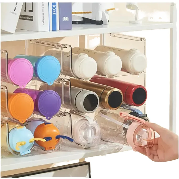 Custom Modern Rectangular Stackable PET Folding Storage Rack Transparent Wine Water Bottle Organizer Travel Mug Cup Holder Rack