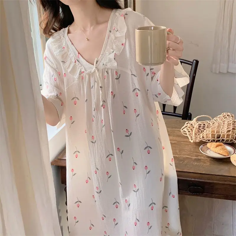 Floral Women Nightgown Sleepwear Ruffles Short Sleeve Night Dress Summer Night Wear Korean V-neck Sleeping One Piece Pajamas New