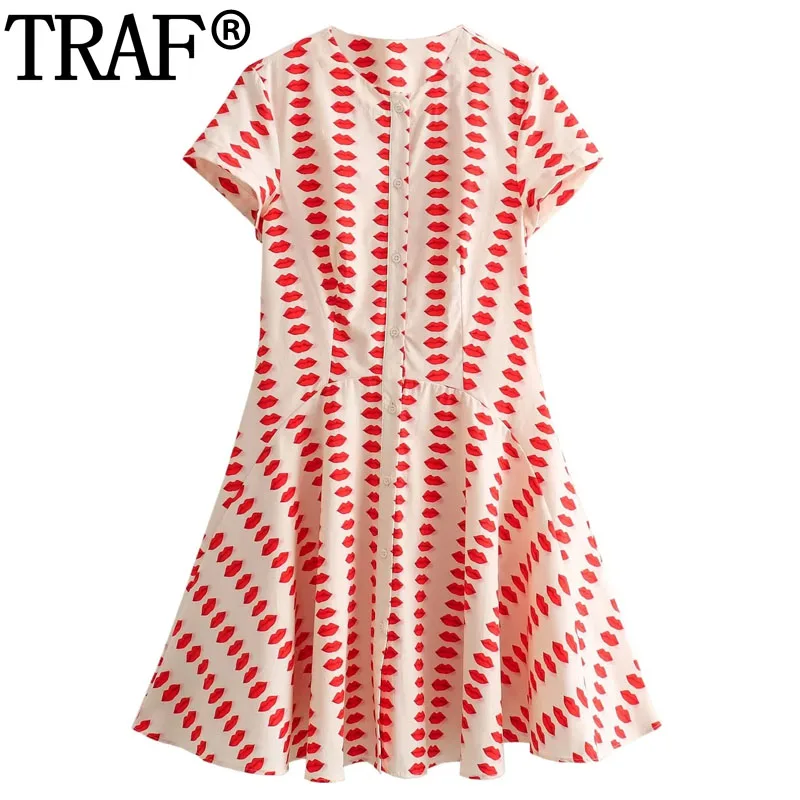 TRAF Red Print Shirt Dress Woman Summer Short Sleeve Mini Dress Button Up Casual Short Dresses Women Sweet Girls Elegant Dress