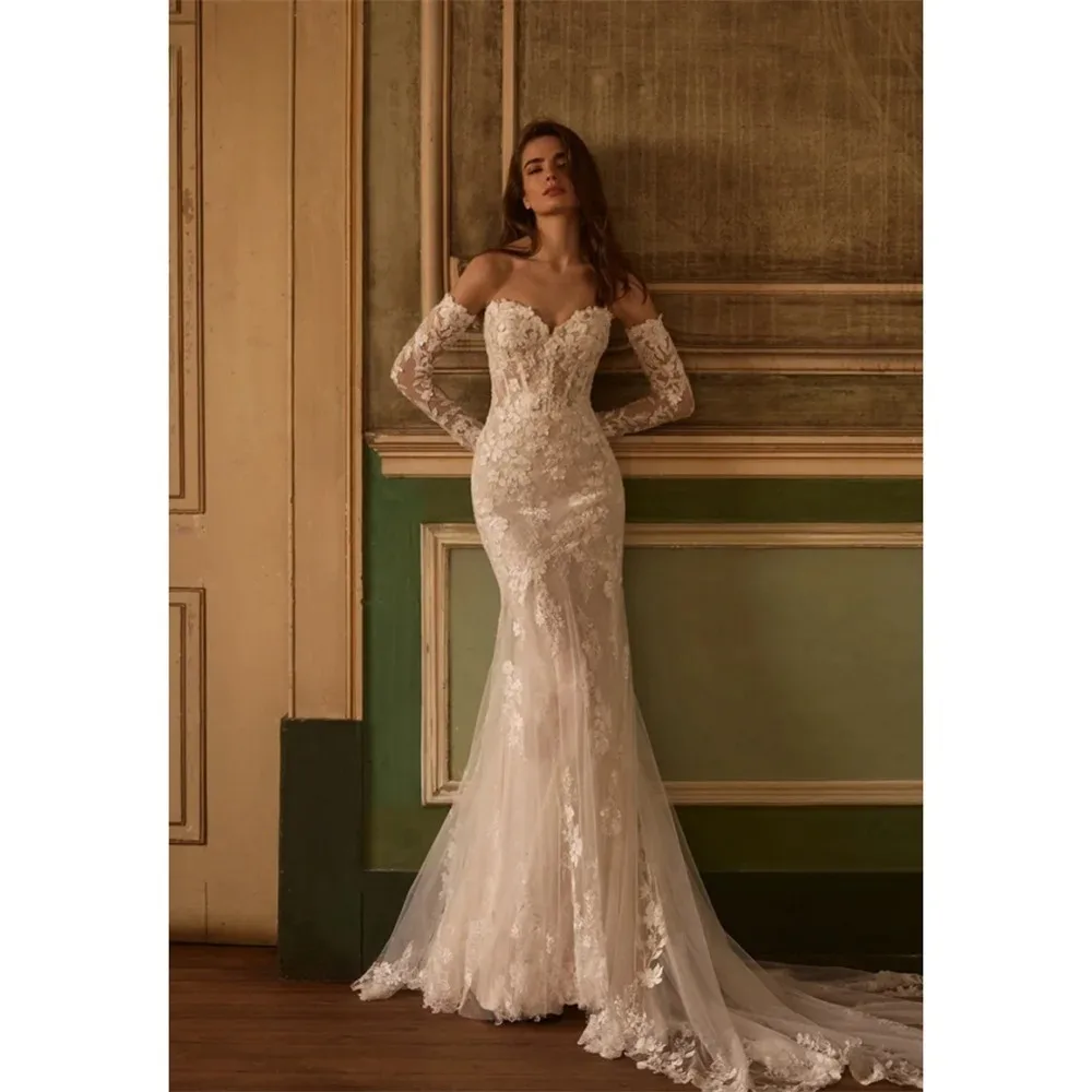 Customized Sweetheart Detachable Long Sleeves Mermaid Wedding Dresses Elegant Lace Appliques Open Back Floor Length Bridal Gowns