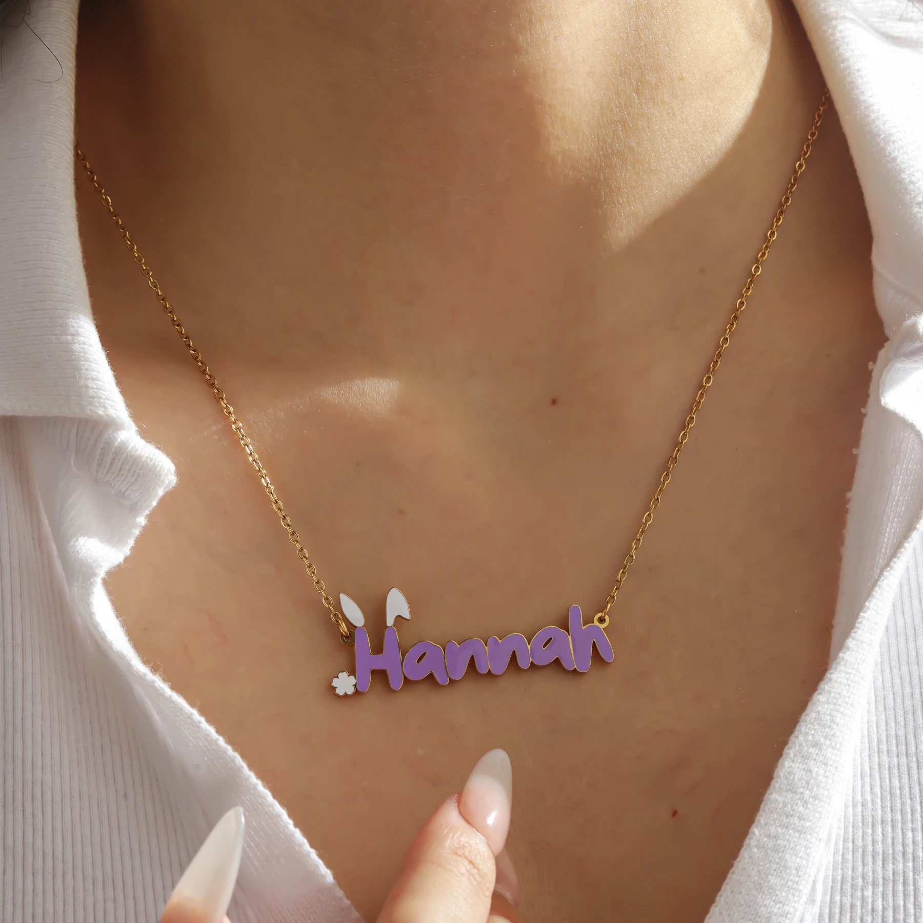 Personalized Bunny Name Necklace for Girls Custom Color Nameplate with Rabbit Ears and Tail 18K Gold Plated Easter Birthday Gift