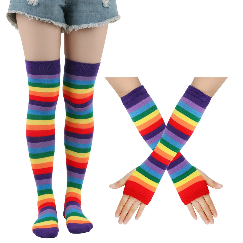 Winter Rainbow Striped Long Gloves Over-the-knee Stocking Set Arm Sleeves JK Uniform Thigh High Socks Unisex Carnival Party Prop