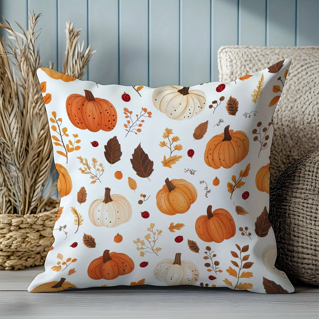 1pc, Autumn Pumpkin Tree Leaves Berry Printed Pillow Cover, Home Cozy Decorative Cushion Cover for Living Room Sofa