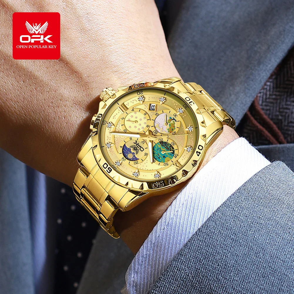 Reloj de cuarzo para hombre con tira de acero y sincronización multifuncional OPK 8175