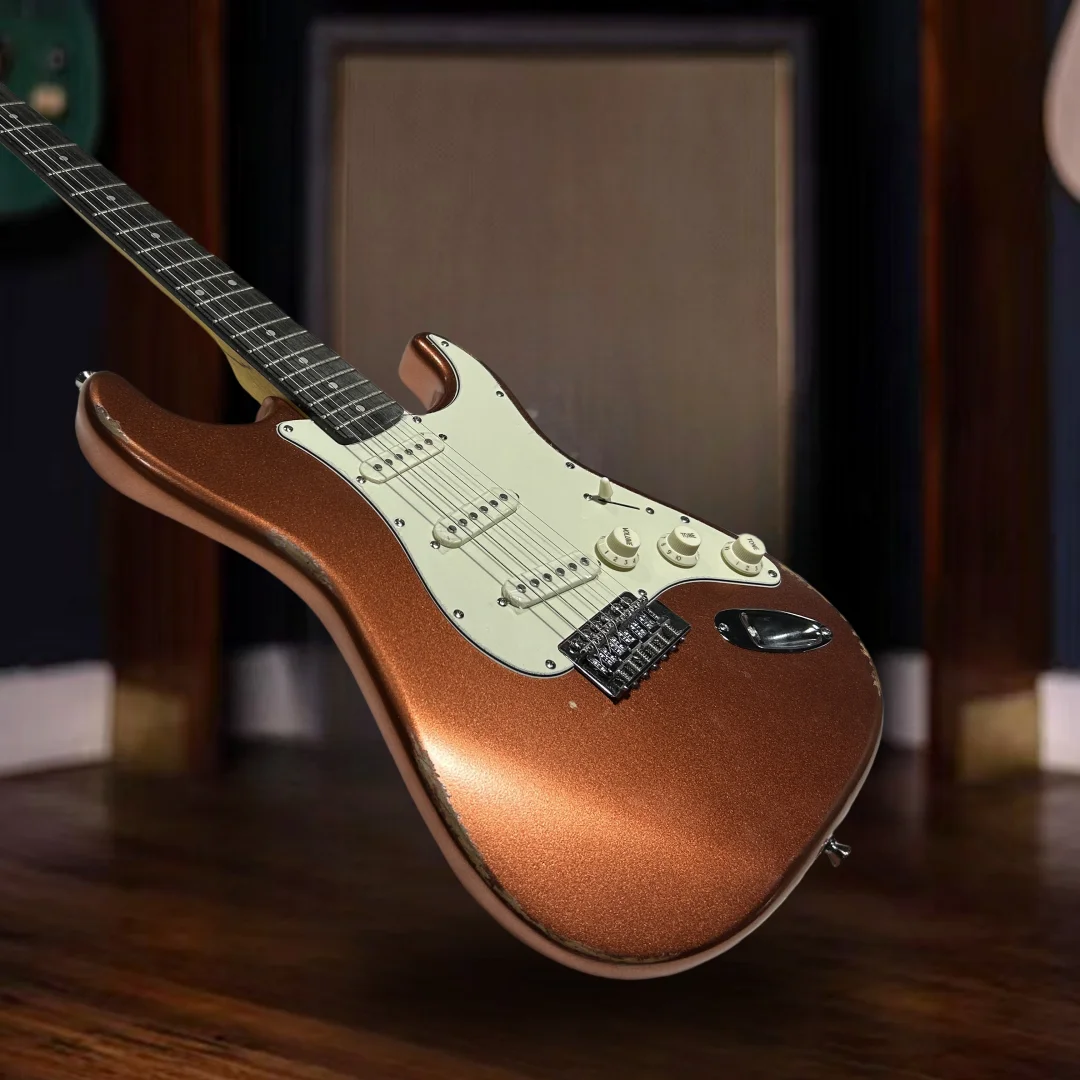 Envío Gratis guitarra eléctrica ST de 6 cuerdas de alto brillo hacer naranja antigua 22 trastes pastilla SSS caoba sólida guitarra de música Jazz