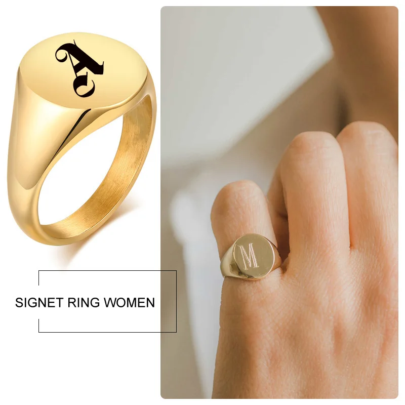 Personalized Stainless Steel Signet Ring In Gold Color Engraving Initial Letter Pinky Women Ring