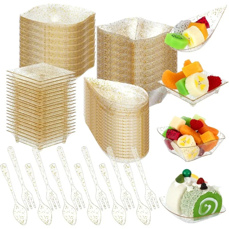 400Pcs Mini Appetizer Plates Set, 200 Disposable Dessert Plates Assorted Shape 100 Mini Plastic Forks 100 Plastic Spoons for Party