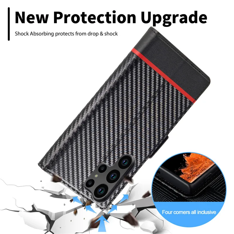 Carbon Fiber Texture Flap Leather Case For Samsung Galaxy S23 Ultra S22 Plus S21 S20 FE S10 Card Slot Wallet Cover Shell