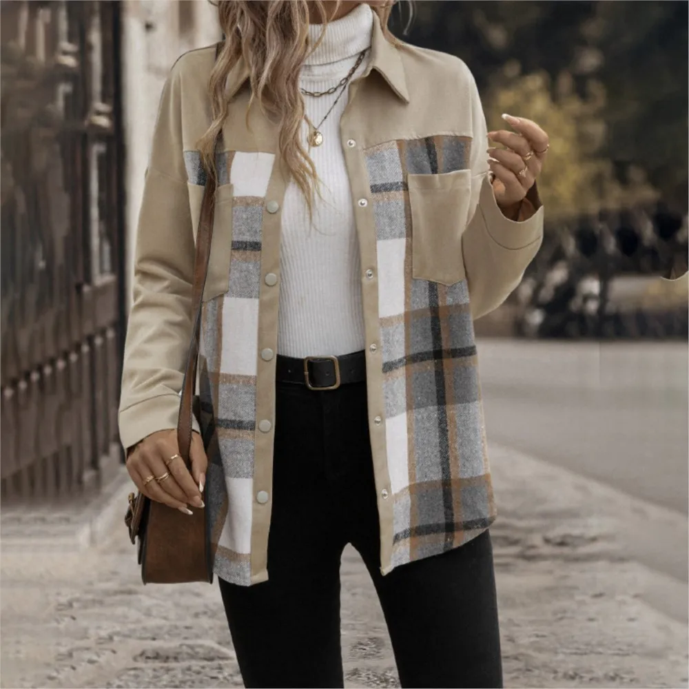 Women's Clothing Casual Office Outerwears Retro Lapel Pocket Plaid Shirt Jacket All-match Loose Simple Style Temperament Trendy