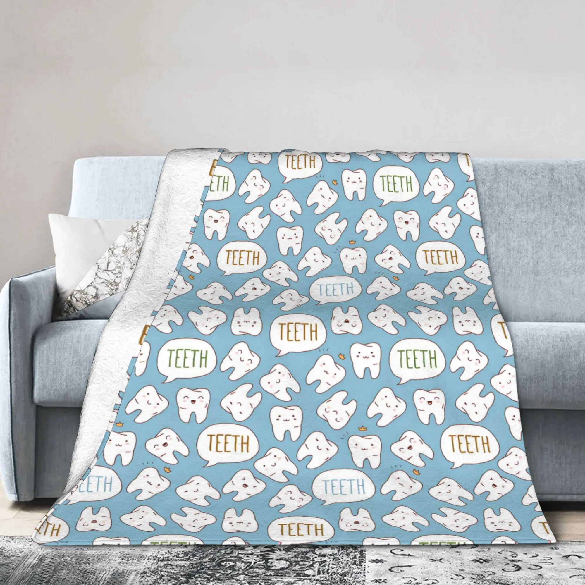 Custom Kawaii Healthy Teeth Pattern Tooth Blankets Warm Flannel Care Dental Health Throw Blanket for Sofa Office Bedspreads