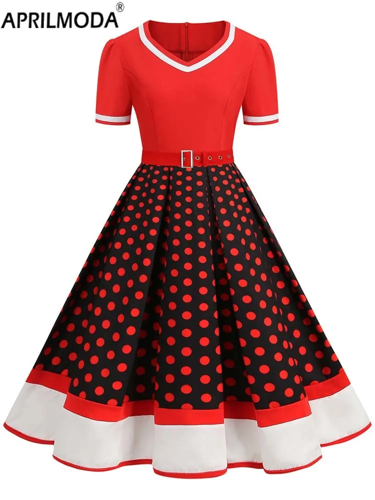 2024 anni '50 anni '60 scollo a V vita alta abito Vintage pieghettato stampa a pois donna estate manica corta anni '50 vestito estivo da festa Robe s ~ 4XL