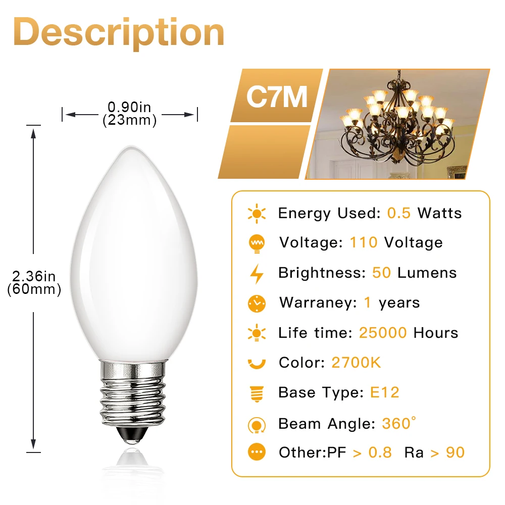 مصباح LED صغير بلوري C7 ، لمبات شمعة بيضاء دافئة ، مصباح كريستال الثريا ، ضوء سلسلة حليبي ، زينة عيد الميلاد ، E12 ، 110 فولت ، 0.5 واط