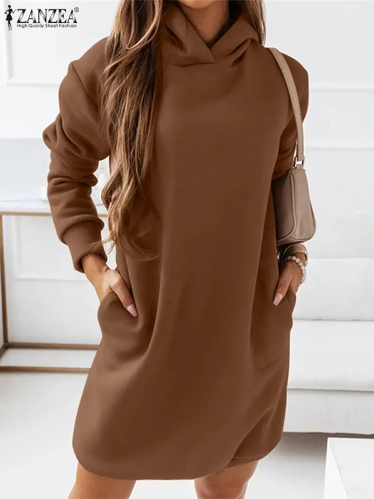 ZANZEA 2024 Autumn Fashion Hoodie Sweatshirt Dress Women Long Sleeve Pullover Mini Dresses Casual Loose Pocket Hooded Vestidos