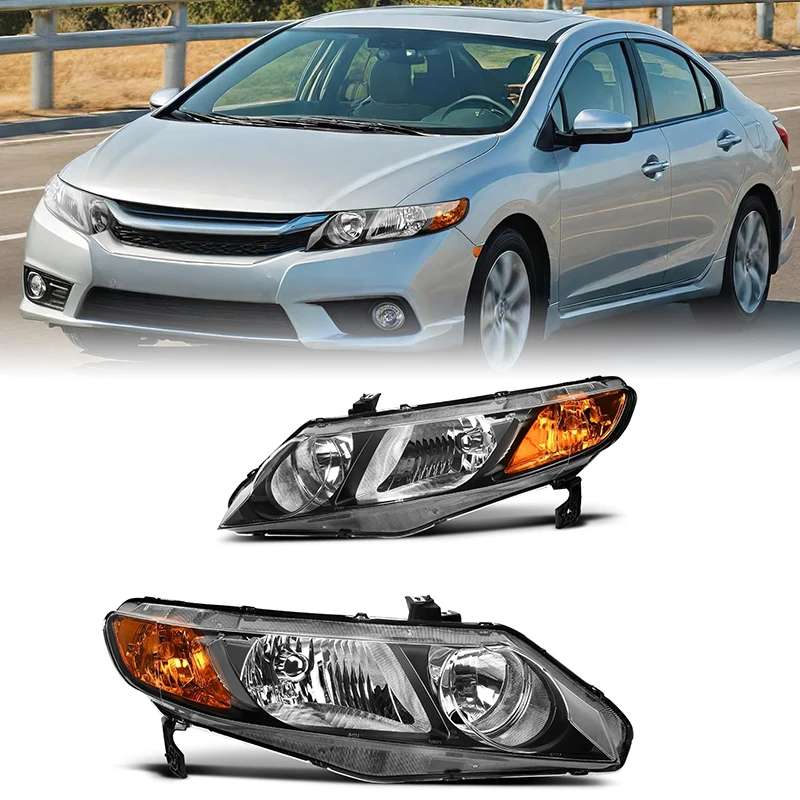 Headlight Assembly For Honda Civic Sedan 4-Door 2006-2011 Black Housing Amber Reflector