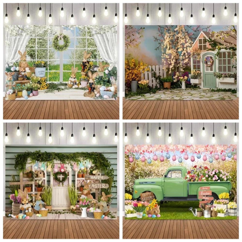 

Easter Bunny Egg Flower Window Scene Photography Background, Family Party Birthday Party, Decoration Photography Backdrop Props