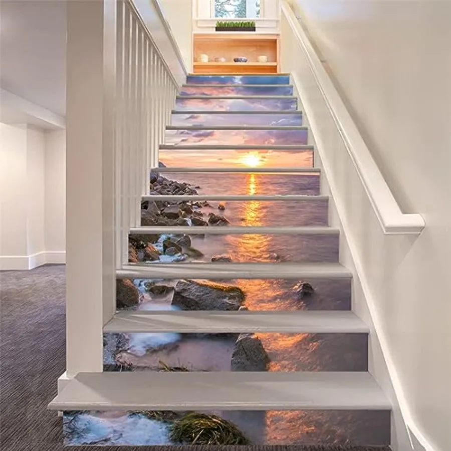 

3D Morning Sunrise Ocean Coastline Stair Stickers Peel and Stick - Adhesive Staircase Stickers- Stair Decals for Home Office De