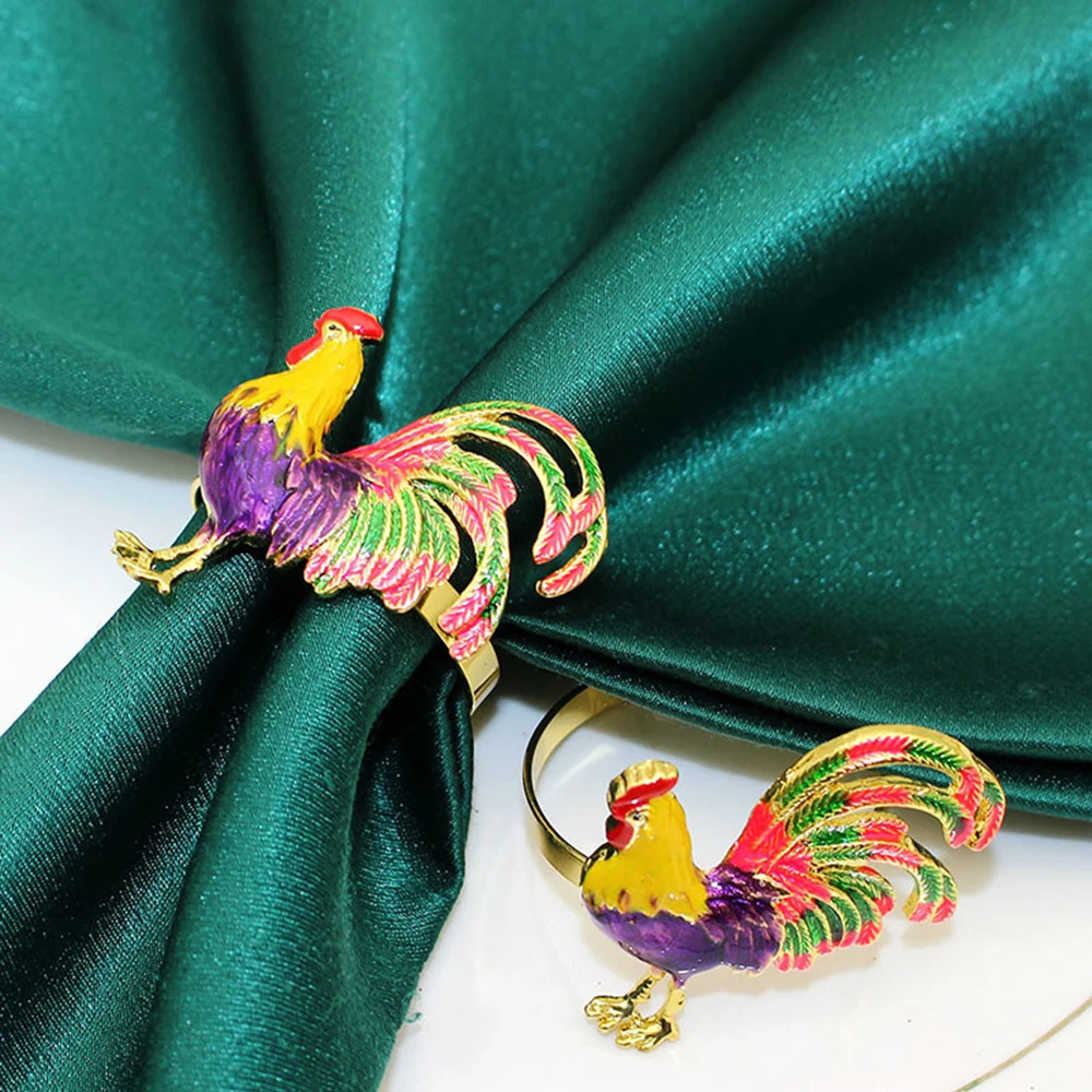 6Pcs Trendy Big Rooster Napkin Rings Multicolor Enamel Animal Napkin Holder for Wedding Banquet Decor French Jewelry Gift HWE108