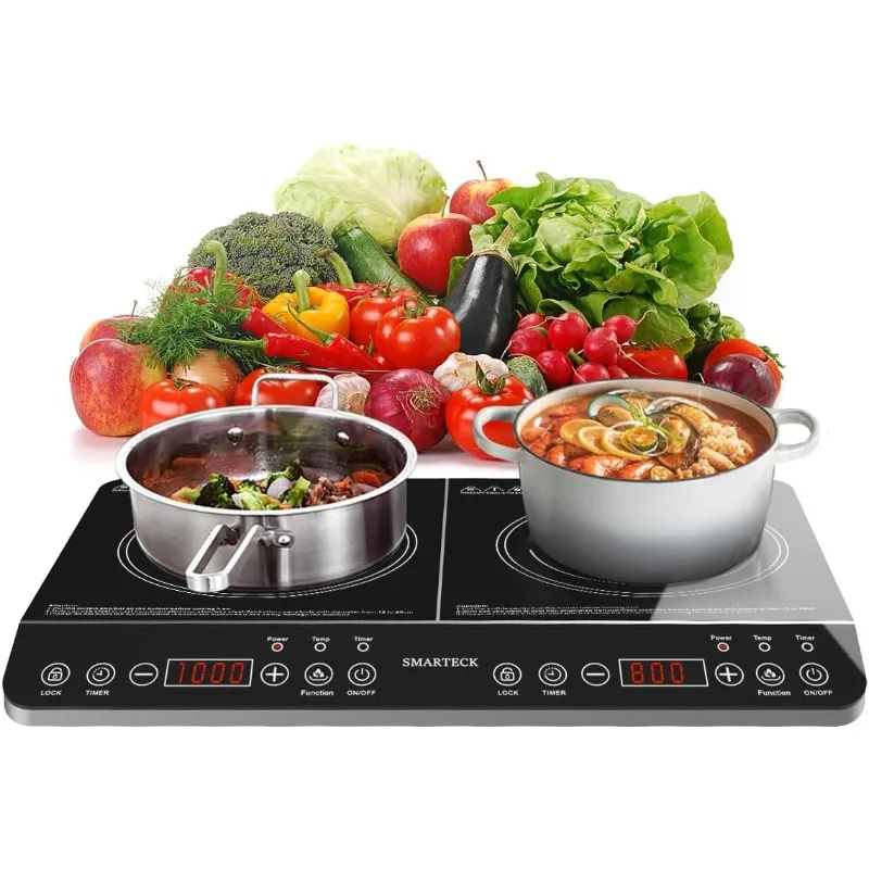 Double Induction Cooktop,1500W/1800W Portable Electric Stove,2 Large 8” Heating Coils,Independent Control,8/10 Temperature