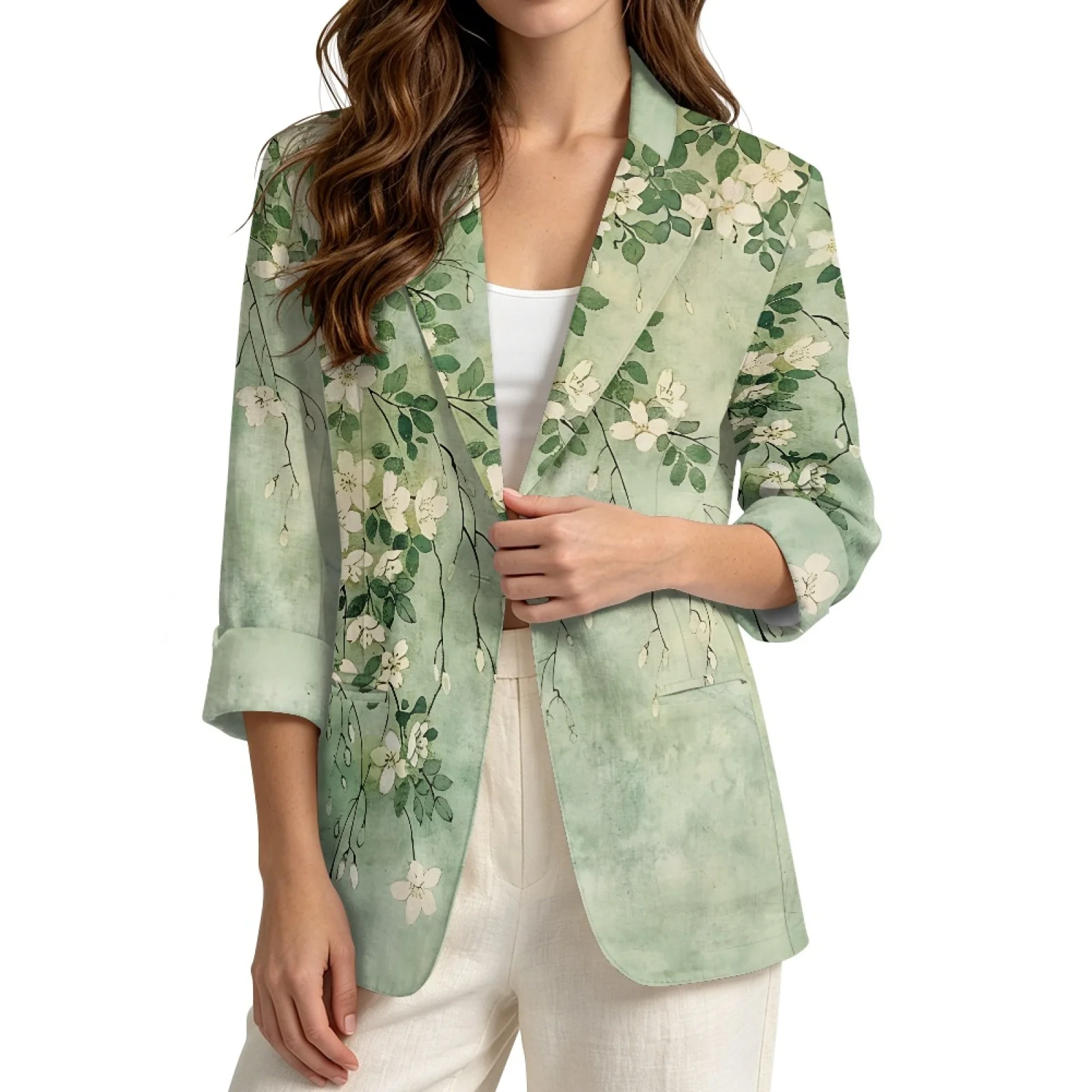 PENSTROLL Green Floral Branch Linen Like Open Front Cardigan for Daily Breathable Cardigans Beach Cardigan
