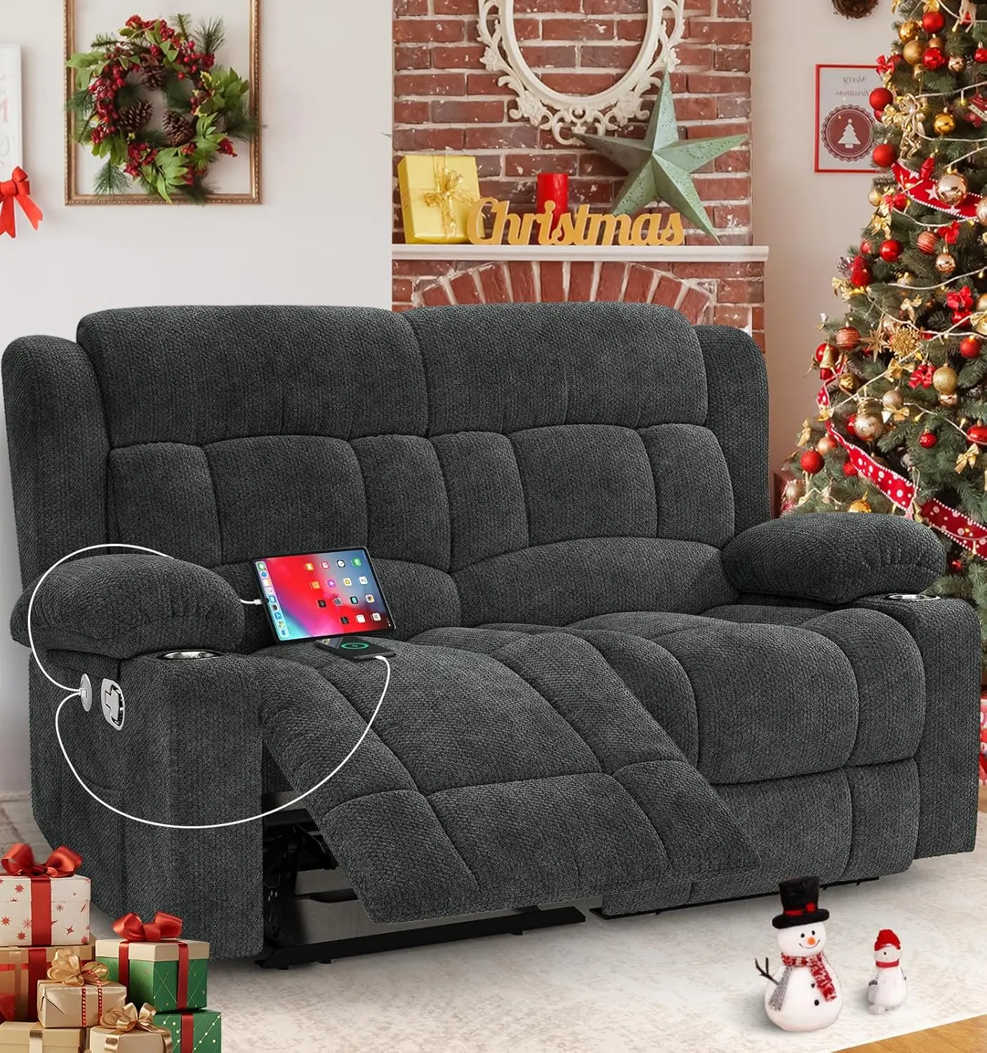 

Loveseat Recliner Sofa, 2 Seater Minimalist Style Fabric Manual Pull Tab Reclining Loveseat With USB Charge Ports,, Customized