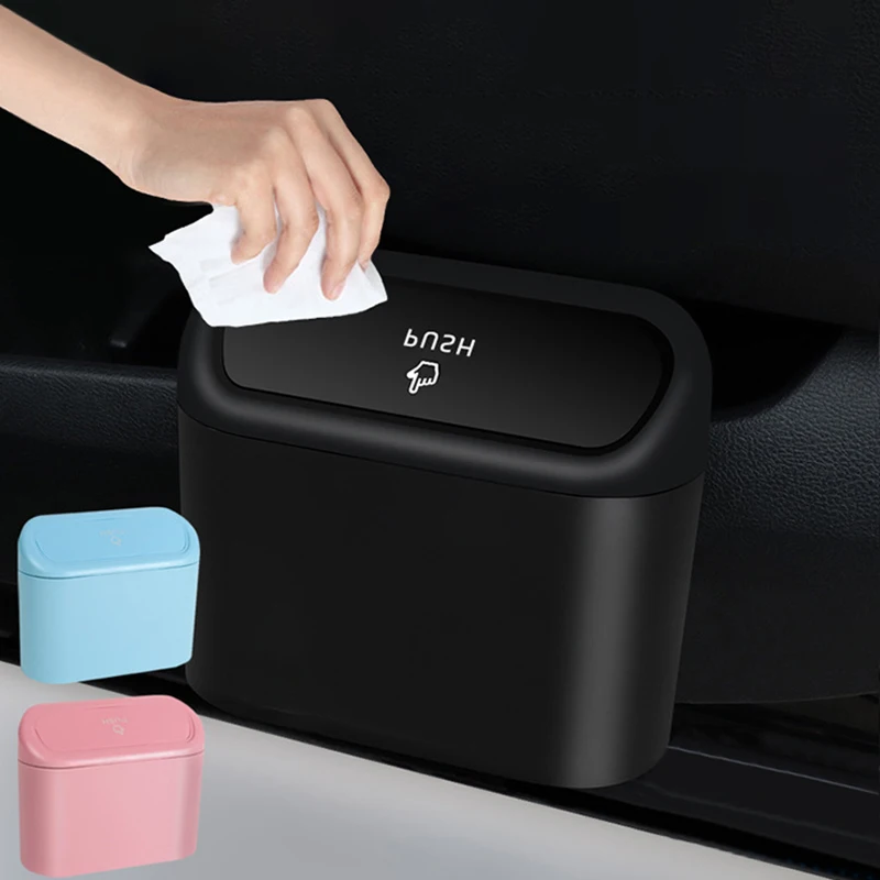 

Black ABS square mini car trash can hanging vehicle garbage dust storage box pressing car interior accessories