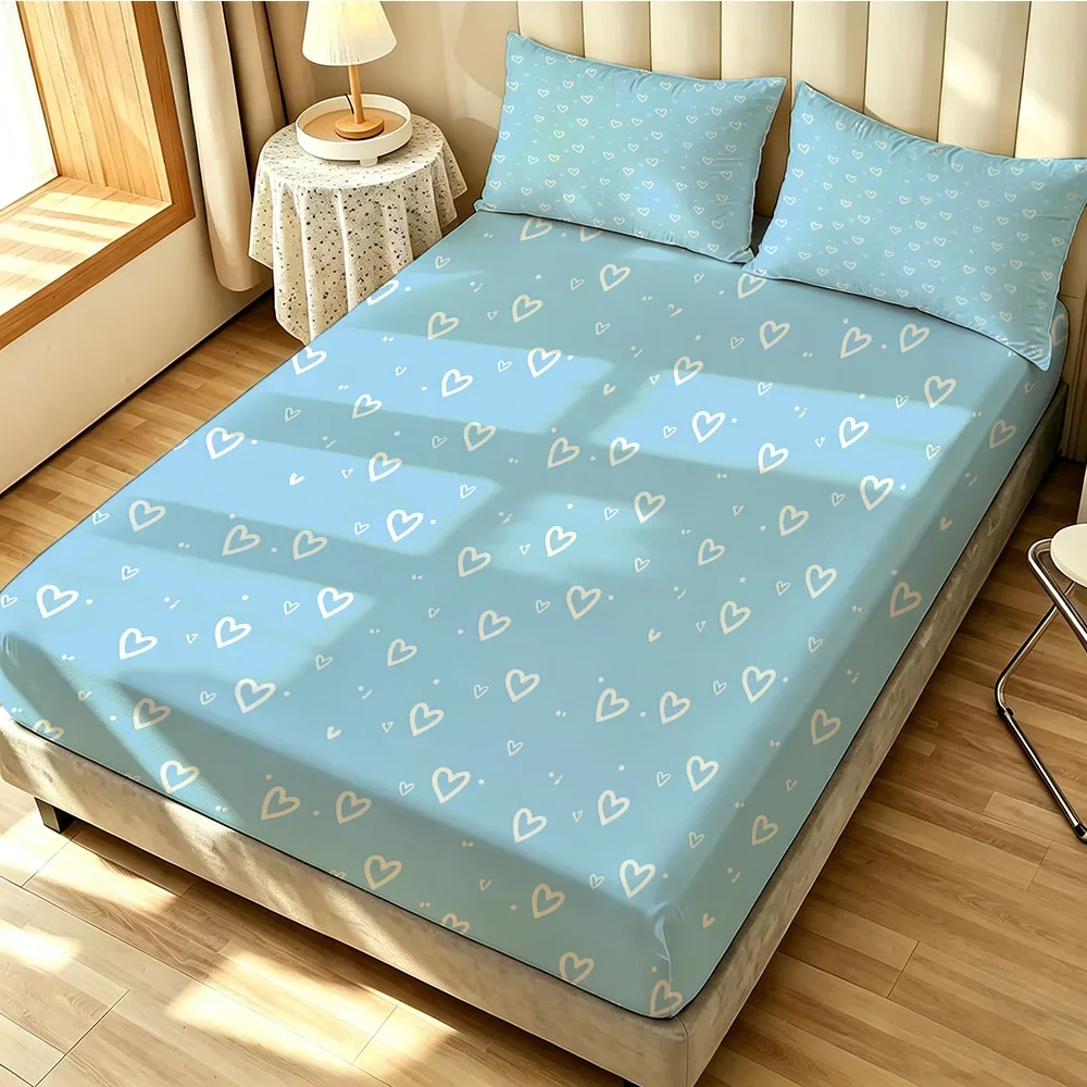 3PCS Simple Hand-drawn Heart Fitted Sheet Set Soft Bedroom Bedding Decor