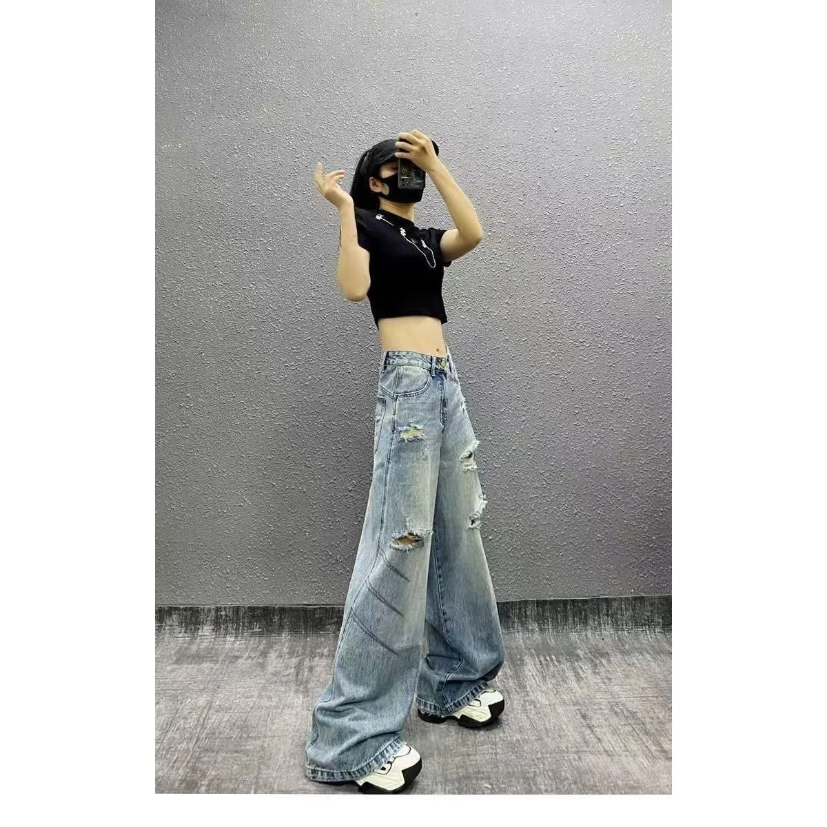 

Casual High Waist Loose Fit Destroyed Denim Jeans Women's Autumn New Sle Straight Leg Wide Leg Pants Versatile Slimming Effect