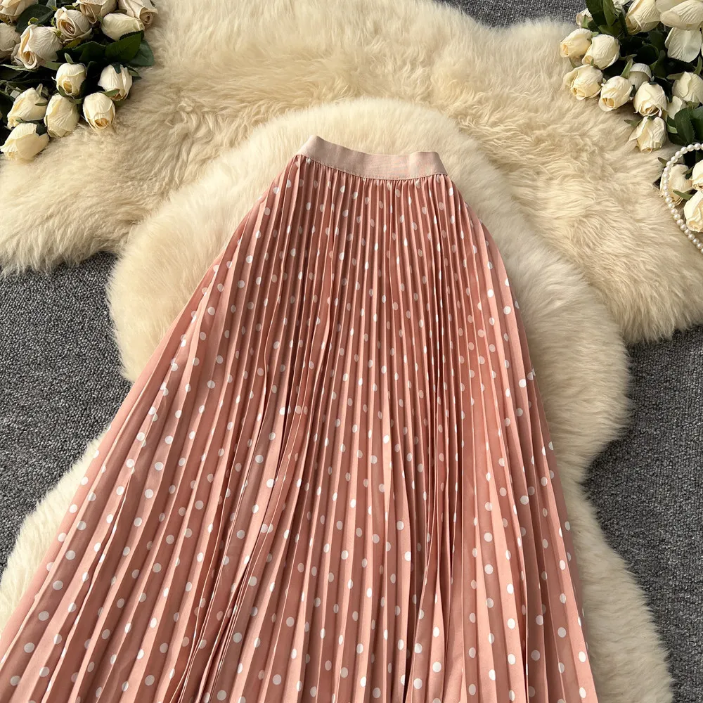 Korean Style Polka Dot Print Pleated A-line Long Skirts Women 2026 Spring Summer High Waist Casual Skirt