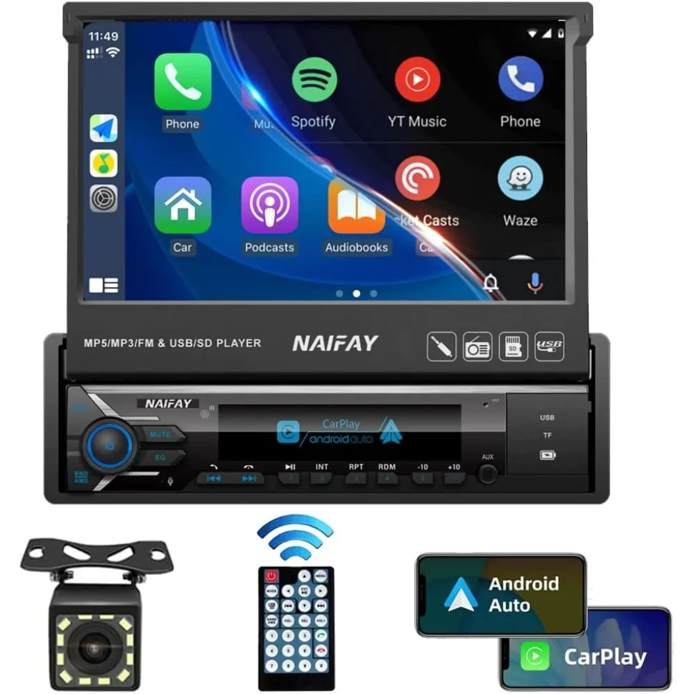 

Single Din Touchscreen Car Stereo with Carplay & Android Auto, 7inch Flip Out Screen Car Stereo with Bluetooth Car Audio Receiv