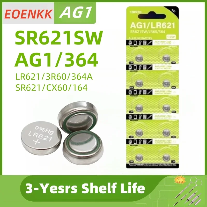 

LR621 AG1 1.55V Alkaline Button Battery, SR621SW 364 164 SR60 363 621 SR621 L621 CX60 Coin Cell for Watch Clock Remote