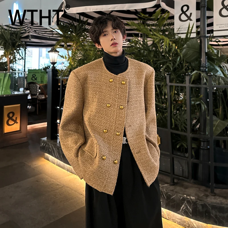 

WTHT мода 2024, осенние мужские наплечники, дизайнерские однотонные пальто, модные двубортные куртки с длинными рукавами, мужские 2A2164