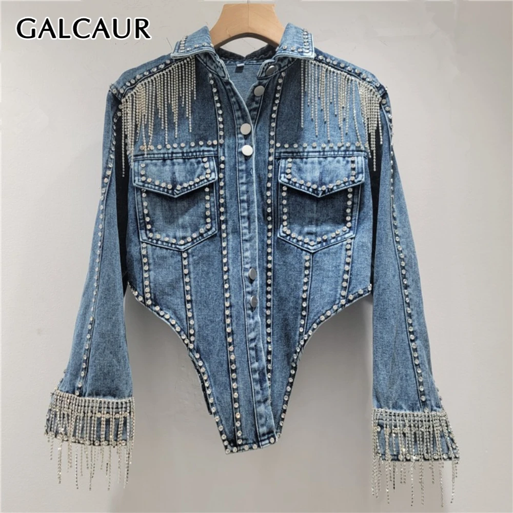 

GALCAUR Blue Spliced Tassel Jumpsuit Female Lapel Long Sleeve Loose Streetwear Luxury Women's Jumpsuits Autumn Fashion Style New
