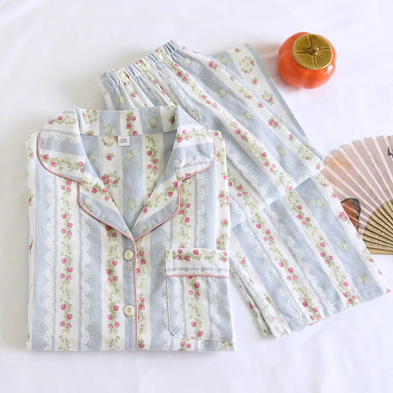 2026 Neues Japanisches Damen-Pyjama-Set aus 100% Baumwollgaze, Langarm, Lange Hose, Zweiteiliges Set, Frisch und Süß, Dünne Hauskleidung – Detail 3