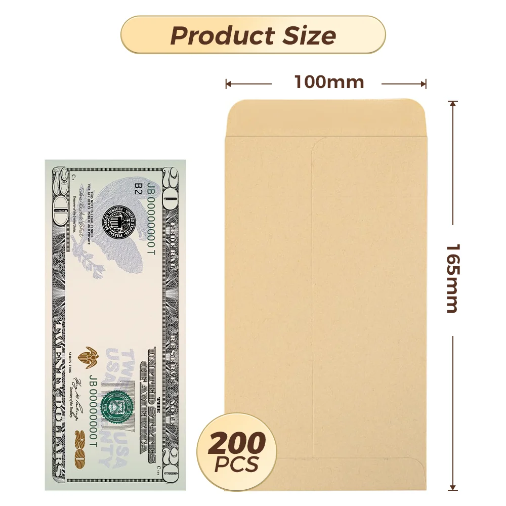 200 Pcs Envelope 100x165mm, Coin Cash Storage Envelopes Small Kraft Paper Money Mailing Office, 120gsm