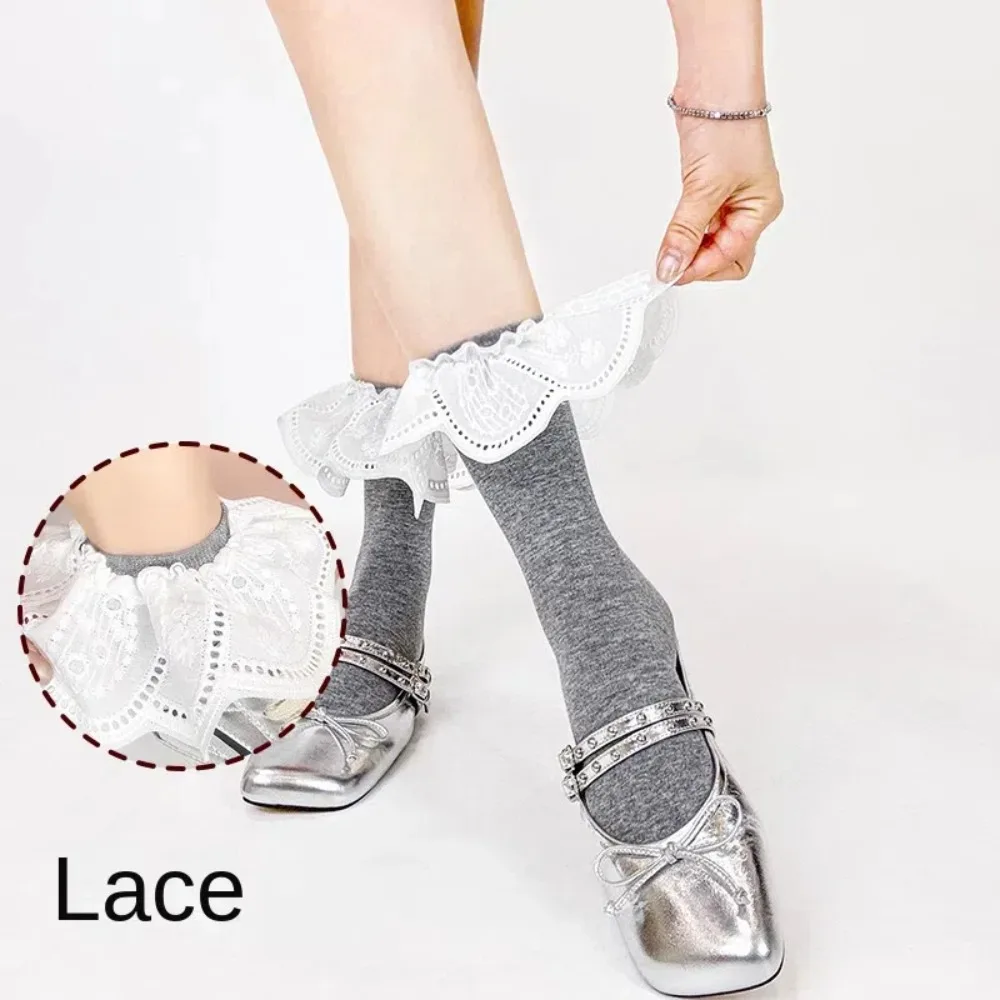 Balletstijl Ruche Sokken Mid Tube Lotusblad Vorm Dames Kousen Wit Geborduurde Jacquard JK Katoenen Sokken Lente Zomer