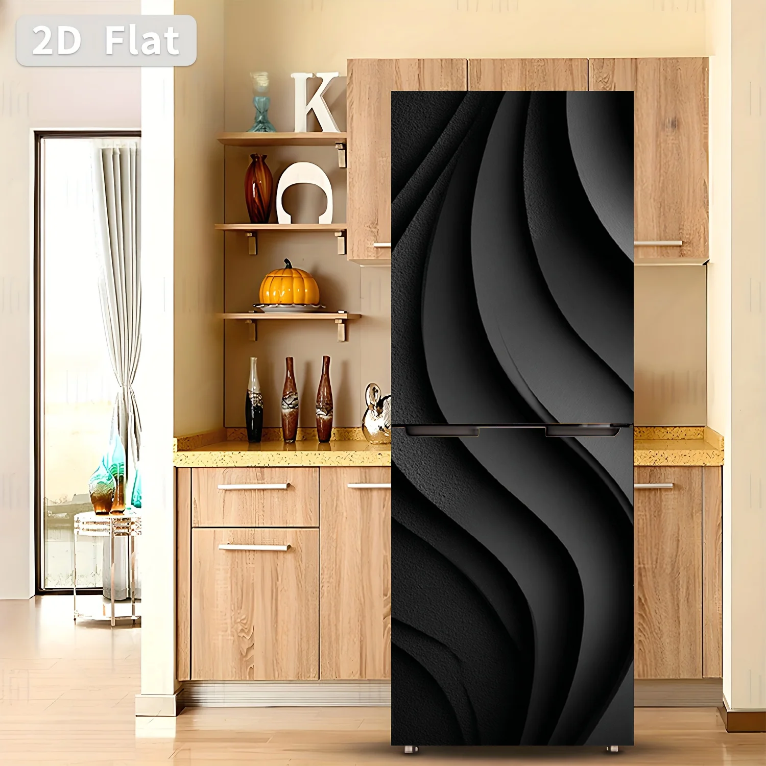 Refrigerator Sticker Black Wave Texture Theme Design Wall Sticker Decorative Wallpaper Self-Adhesive Suitable for Cabinets an