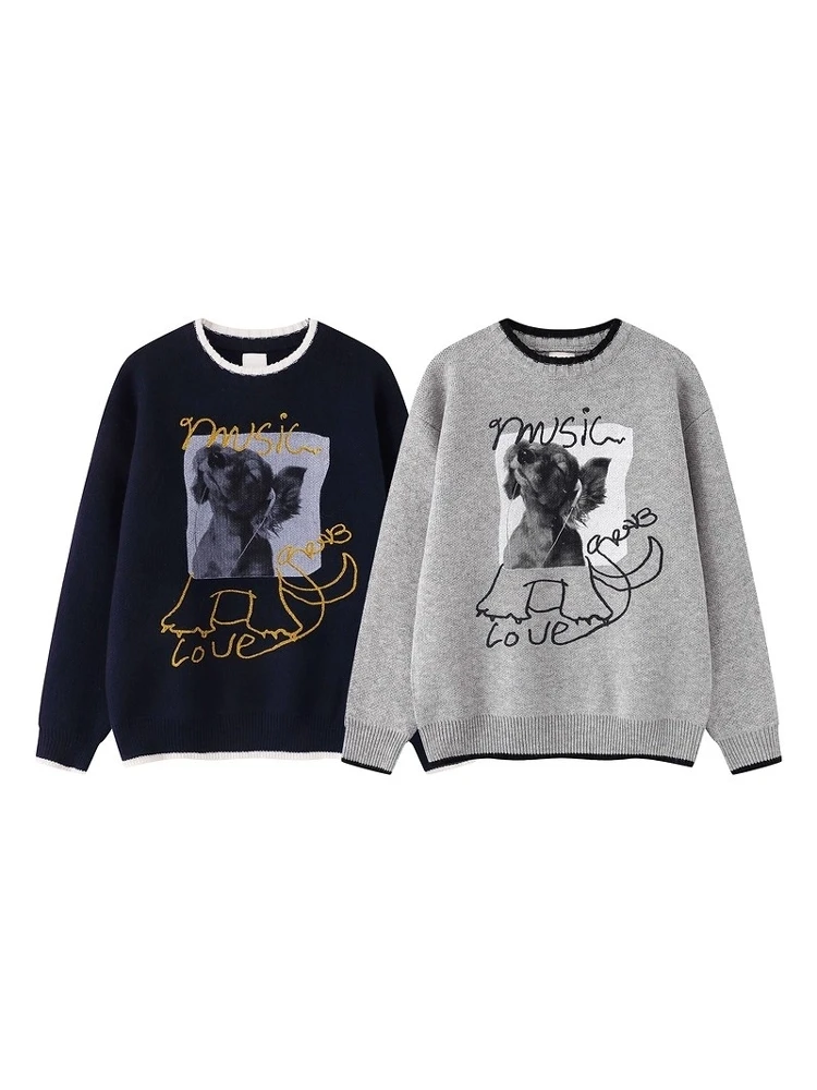

American Retro Fun Dog round Ne Sweater Loose Casual Leisure Sle Knitted Sweater for Men And Women Autumn Winter