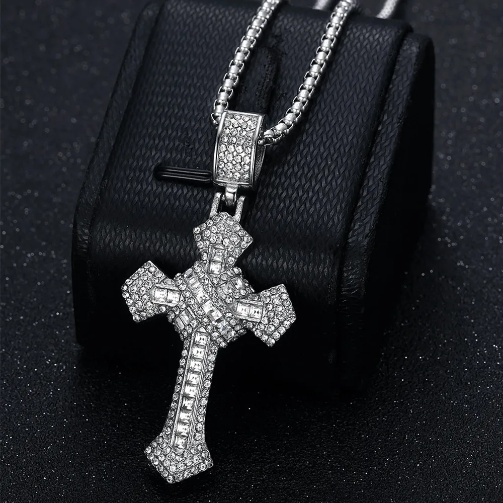 Full Bling Zircon Diamonds Stainless Steel Big Cross Pendant Necklaces Man Masculine Cool HIPHOP Accessories Jewelry High Grade