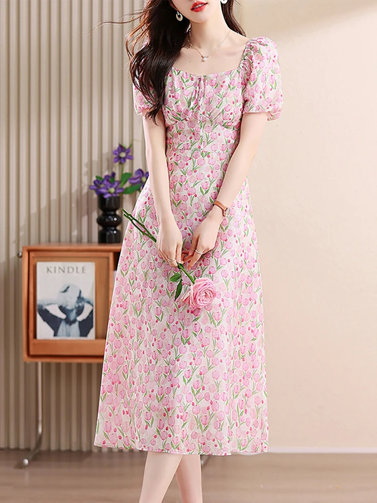 2024 nuevo vestido informal bohemio de gasa Floral rosa para mujer, vestido elegante de manga corta con lazo y cuello cuadrado, vestido de fiesta coreano elegante de verano