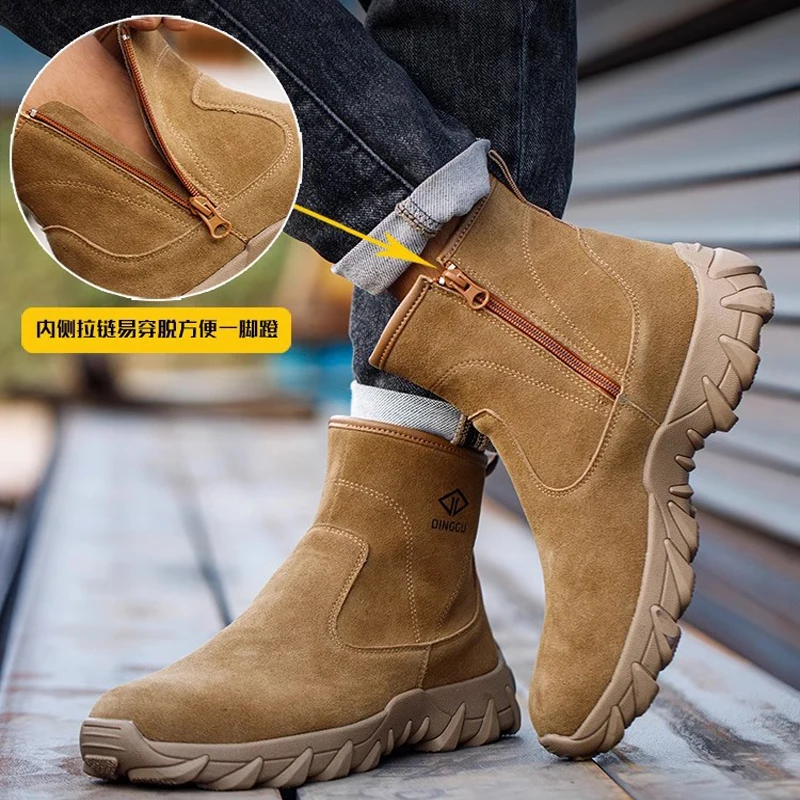 جلد البقر الرجال أحذية عمل أحذية أمان عالية أعلى الجانب سستة السلامة التمهيد مكافحة تحرق أحذية لحام ثقب واقية أحذية الأمن الرجال