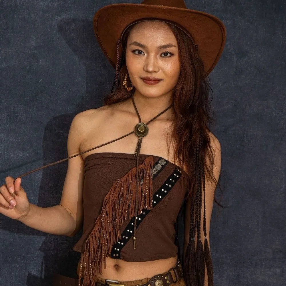 Vintage Western Cowboy Hat Necklace Leather Rope Adjustable Long Pendant Chain Unisex Alloy Metal Feather Necktie Cosplay