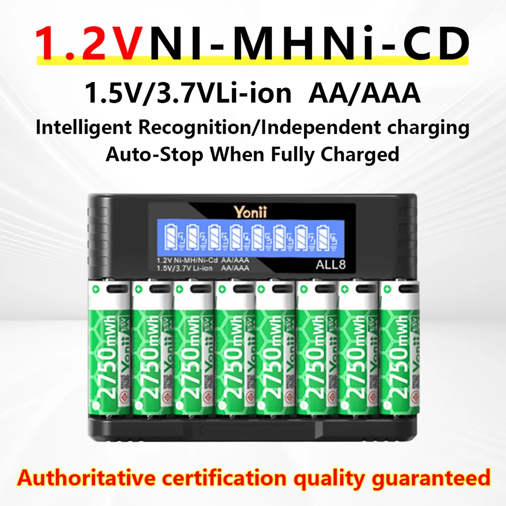 Yonii Battery Charger Fast Charging For AA/AAA 8-Slot Independent Smart Charger 1.2V Ni-MH/Ni-Cd AAA/AA Batteries Usb C Charger